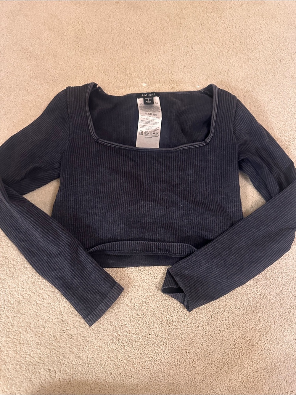 Amisu Black Ribbed Square Neck Cropped Long Sleeve Top